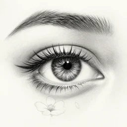 Award winning pencil sketch of a beautiful eye, eyelashes, and reflection of a flower. Closeup. Very detailed. 8k.
