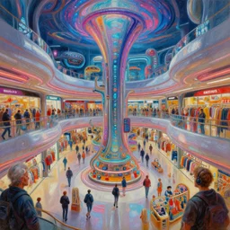 detailed intricate portrait of futuristic shopping mall, sharp focus, art by artgerm, bob eggleton, michael whelan, stephen hickman, richard corben, wayne barlowe beautiful psychedelic dmt lighting, hyper detailed, 8 k, oil on canvas 8 k