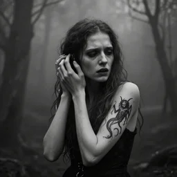 still from a homemade video of some despair as lars von trier would depict it, she is 2 3, skinny and beautiful and listens to oathbreaker, she has a gorgon tattoo on her arm, she is full of hatred, photo, black and white, the background is unsafe, insanely detailed, elegant and otherworldly, foggy like in norwegian black metal aesthetic