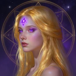 side portrait of a gallent girl with glowing purple third eye chakra and golden hair, geometric third eye triangle, sci - fi face, sacred geometry mandal background, breathtaking stars, elegant, highly detailed, digital painting, artstation, concept art, smooth, sharp focus, spiritual art, art by artgerm and greg rutkowski and alphonse mucha, psychedelic