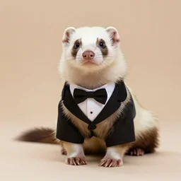 A ferret wearing a cute tuxedo