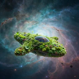 an alien spacecraft made of plants, floating in a cosmic nebula, dreamlike