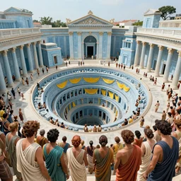 pov in a crowd of people with toga in ancient neoclassical buildings, light blue troglodyte temples with yellow drapery in a deep spiral pit by piranesi, cinestill 8 0 0 t 3 5 mm, high quality, megalith by boticelli