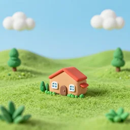 A serene landscape with a singular building in the style of play doh