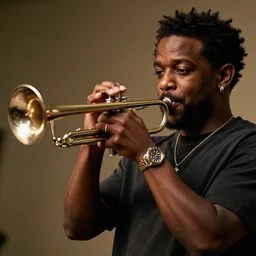 kendrick lamar playing a trumpet, cinematic, professional photography
