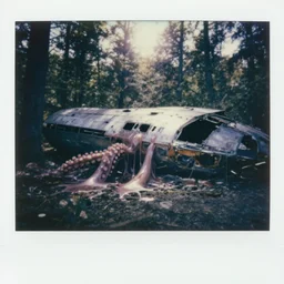 ultra wide angle a bigt xenobite with slimey tentacles at crashed spaceship in the forest backlighting, faded color polaroid, 1 9 1 0 s photography