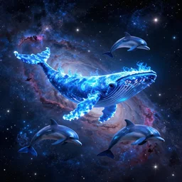 Ethereal blue fire whale and dolphins flying through a nebula, Sirius star system, star dust, cosmic, magical, shiny, glow,cosmos, galaxies, stars, outer space, stunning, by andreas rocha and john howe, and Martin Johnson Heade, featured on artstation, featured on behance, golden ratio, ultrawide angle, hyper detailed, photorealistic, epic composition, wide angle, f32, well composed, UE5, 8k