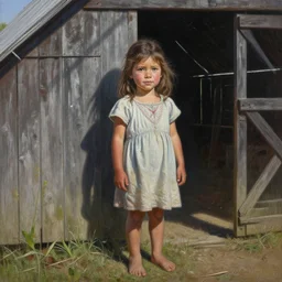 hyper realistic detailed painting of a 2 5 years old woman in the shadow of a barn. highly detailed, sharp focus, art by eddie mendoza, wide angle.