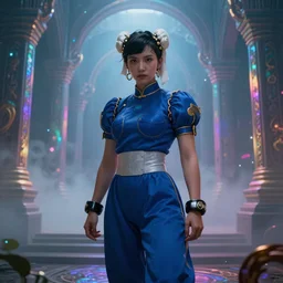 long Shot of psychedelic Chun-Li standing in misty chromatic astral temple  , stylish, lsd, soft,  trending on artstation, cinematic, artwork by WLOP