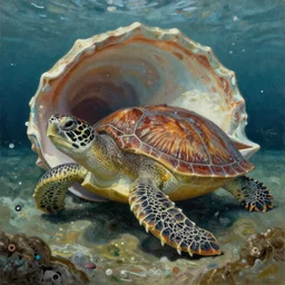 Realm in a shell of a turtle in the sea, fantasy, oil painting, extra detailed