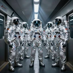 astronauts in holographic chrome suits in dark subway - complex composition. anaglyph materials. rays and dispersion of light. volumetric light. wide angle, f / 3 2. noise film photo. flash photography. ultra realistic, poster by wayne barlowe, mike winkelmann, wayne barlowe, craig mullins