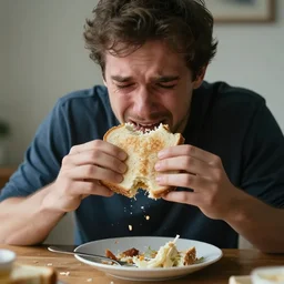 man eating a messy sandwich and crying, food falling onto the table, sadness