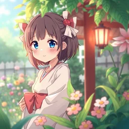 isekai cute japanese anime girl in garden, stylized, beautiful lineart, depth focus, rankings pixiv, artstation, chromatic aberration, soft lighting, srgb, 4 k artstation, hdr, cinematic