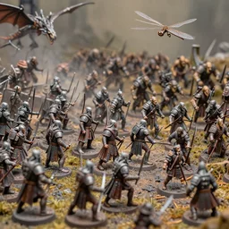 photo taken of an epic intricate extremely detailed battlefield diorama, with highly detailed, exquisitely weathered 3 d printed characters. an army of high elves battling a horde of orcs, dragon fly overhead, macro shot, photorealistic, sharp focus, f 0. 4, golden ratio, soft light, 3 9 0 0 k