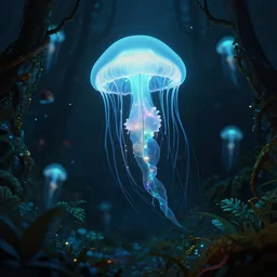 floating luminescent jellyfish in an alien nocturnal jungle, matte painting, mysterious