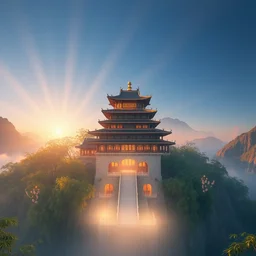 magic palace, emei mountain, chinese tower, luminous water, bamboos, magic, realism, redshift rendering 3 d, super detail, lifelike, 8 k, masterpiece, functional art station, top view, panorama, super wide angle ， crepuscular ray ， sunrise lighting