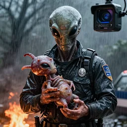 low shot of brett kavanaugh as alien in a police body cam. heavy acid rain. brett holds last zombie fetus to protect that species. close up. fire. scene from aliens