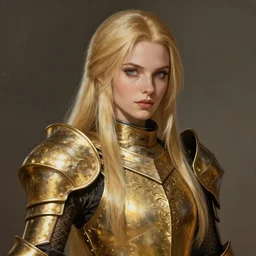 Gorgeous Blond Lady Knight in an ornamental Gold and Black armor, straight hair, very detailed face, high fantasy, matte painting, by Frank Franzetta, trending on Artstation, trending on Deviantart, artstationHQ, cgscoiety, artstationHD, full color, ultra HD, 8k