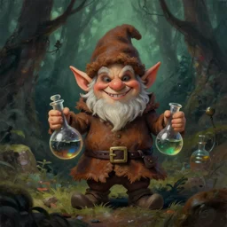 tiny evil alchemist gnome, brown tuffle coat, evil smile, flasks in hands, dnd, deforested forest background, grimdark, acrylic, matte painting, by midjourney
