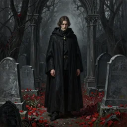 a painting of a man in cloak standing in a graveyard mausoleum, an ultrafine detailed painting by seb mckinnon, featured on cgsociety, gothic art, darksynth, dark and mysterious, ominous vibe, red leaves on the ground
