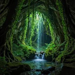 a professional photograph of a glowing cave hidden by a curtain of vines and hidden by lush green vines, small pool of water, trickling water, stone, hidden, forest, night, glow, magical, magic, fantasy, high quality, highly detailed, award-winning, awe-inspiring, spectacular, HD, 4K, 8K