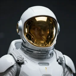 futuristic space suit head and shoulders view white suit gold visor 2035 intimidating