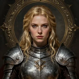 head-on centered symmetrical RPG avatar portrait, Elisha Cuthbert as a holy paladin, blonde hair, ornate steel armour, dramatic cinematic lighting, intricate, wild, highly detailed, digital painting, smooth, sharp focus, illustration, dramatic lighting, establishing shot, book cover, 8k, concept art, artstation, matte painting, in the style of artgerm and greg rutkowski