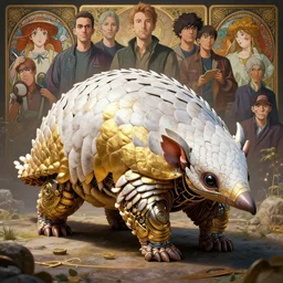 highly detailed vfx portrait of a pangolin with white and gold cyborg scales, unreal engine, greg rutkowski, loish, rhads, beeple, makoto shinkai and lois van baarle, ilya kuvshinov, rossdraws, tom bagshaw, alphonse mucha, global illumination, detailed and intricate environment