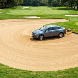 car stuck in golf course sand trap