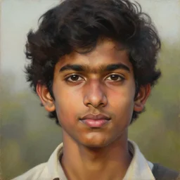 oil painting by ilya kuvshinov, baugh casey, rhads, coby whitmore, of a indian college student, brown skin, refined features, high cheekbones, clean shaven, no mustache, young himesh patel, curly black hair, outdoors, highly detailed, breathtaking face, studio photography, dawn, intense subsurface scattering, blush, supple look, innocence, intense sunlight