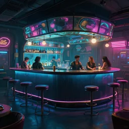 concept art of cyberpunk bar environment : 8 k, hdr, studio, matte painting, environment, digital illustration, style cyberpunk 2 0 7 7 artstation, by marcin stepien, by mihai muscan, by marta leydy, by charlotte hughes, by zuzanna dabrowa, neon bioluminescence, highly detailed