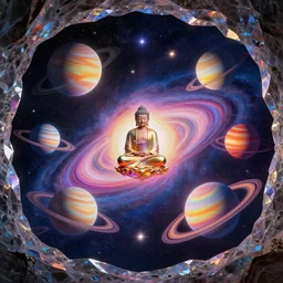 the most beautiful star system with brightly coloured planets with gas rings, a buddha floating while meditating, inside of a crystal cave,, coherent design, symmetrical, concept art, vivid color, complementary color, golden ratio, detailed, sharp lines, intricate, rainbowshift, by sahm, octane render