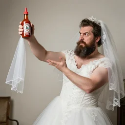 evil bearded man in wedding dress attacking with a bottle of sriracha