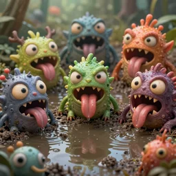 of an intricate murky dirty pond with strange cute friendly angry vivid evil creatures with huge eyes long tongue triangle teeth and scary face appearing from the dirt water, in the style of craola, macro lens, shallow depth of field, highly detailed, digital painting, trending artstation, concept art, illustration, cinematic lighting, vibrant colors, photorealism, epic, octane render