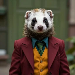 A ferret is dressed up as the Joker from The Dark Knight, hyperdetailed, artstation, cgsociety, 8k