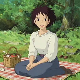 portrait of a woman having a picnic in a lush park, h. r. giger face, highly detailed, cel shading, digital painting, anime key visual, artwork by hayao miyazaki and alphonse mucha