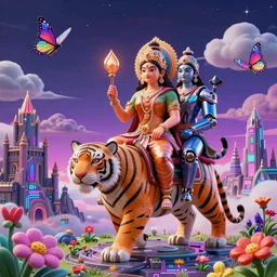 maximalist 3 d render of cyborg hindu goddess and hindu god riding a tiger standing in cybernetic mountain landscape with samsara castle ruins against a psychedelic surreal background with 3 d butterflies and 3 d flowers n the style of 1 9 9 0's cg graphics against the cloudy night sky, lsd dream emulator psx, 3 d rendered y 2 k aesthetic by ichiro tanida, 3 do magazine, wide shot
