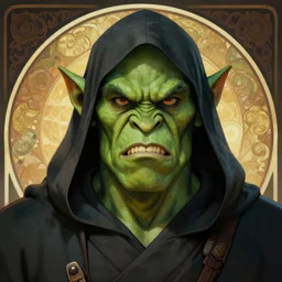 centralized head - on character portrait, green - skin angry orc monk, dark hood, alphonse mucha, rhads, ross tran, artstation, artgerm, octane render, 1 6 k