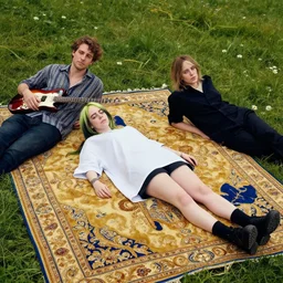 masterpiece full body portrait of Billie Eilish with a perfect body lying on an ornate gold and blue carpet in a meadow, by Edgar Maxence and Ross Tran and Michael Whelan and Gustav Klimpt