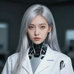 a portrait of a scientist robot girl with silver hair by artgerm and wlop