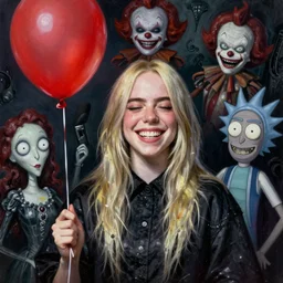 grunge painting of a billie eilish with a wide smile and a red balloon by michal karcz, loony toons style, pennywise style, corpse bride style, rick and morty style, creepy lighting, horror theme, detailed, elegant, intricate, conceptual, volumetric light