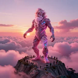view from the top of the mountain, the sunset, above all the people is a huge ego, in the form of a twisted old man, thick pink clouds, very intricate details, elegant, cyber neon lights, highly detailed, digital illustration, trending in artstation, trending in pinterest, glamor pose, concept art, smooth, sharp focus, art by artgerm and greg rutkowski
