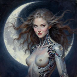 beautiful biomechanical moon goddess, flowing hair, intense stare, sweet smile, concept art, realistic oil painting by h. r giger,