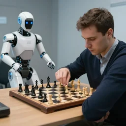 a chess player playing a game of chess against a sophisticated and advanced robot