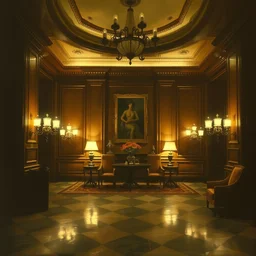 style dean cornwell, ellen jewett : : dimly lit hotel lobby : : detailed, symmetrical, cinematic lighting