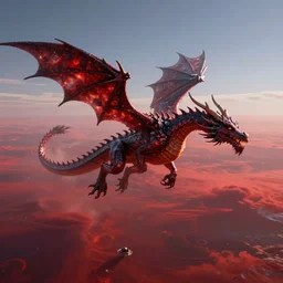 a dragon made out of universe flying above a red sea, very realistic, very detailed