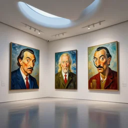 interior futuristic art gallery wide angle highly detailed by santiago calatrava, three wall hanging paintings famous pieces by dali!, captivating 8 k hdr, octane render godrays hyperrealism