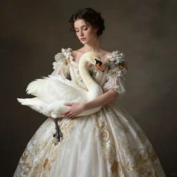 a beautiful lady with a large majestic ornate cotton dress with a realistic swan in her arms dramatic light, meredit frampton style