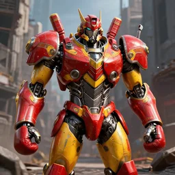 a shiny ornate boxing humanoid mecha in ruin city, victory, punk style, by war robots, real steel ( 2 0 1 1 ), westworld and eve venture and pacific rim and machine warrior 5, cryengine, frostbite 3 engine, scarlet and yellow scheme, sharp focus, 8 k, high definition, insanely detailed,, global illumination, ray tracing, realistic shaded, smooth face