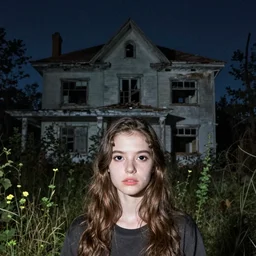 very detailed nightvision photo of a beautiful girl with three black eyes in an abandoned house at night by Gregory Crewdson, wide angle, 4k